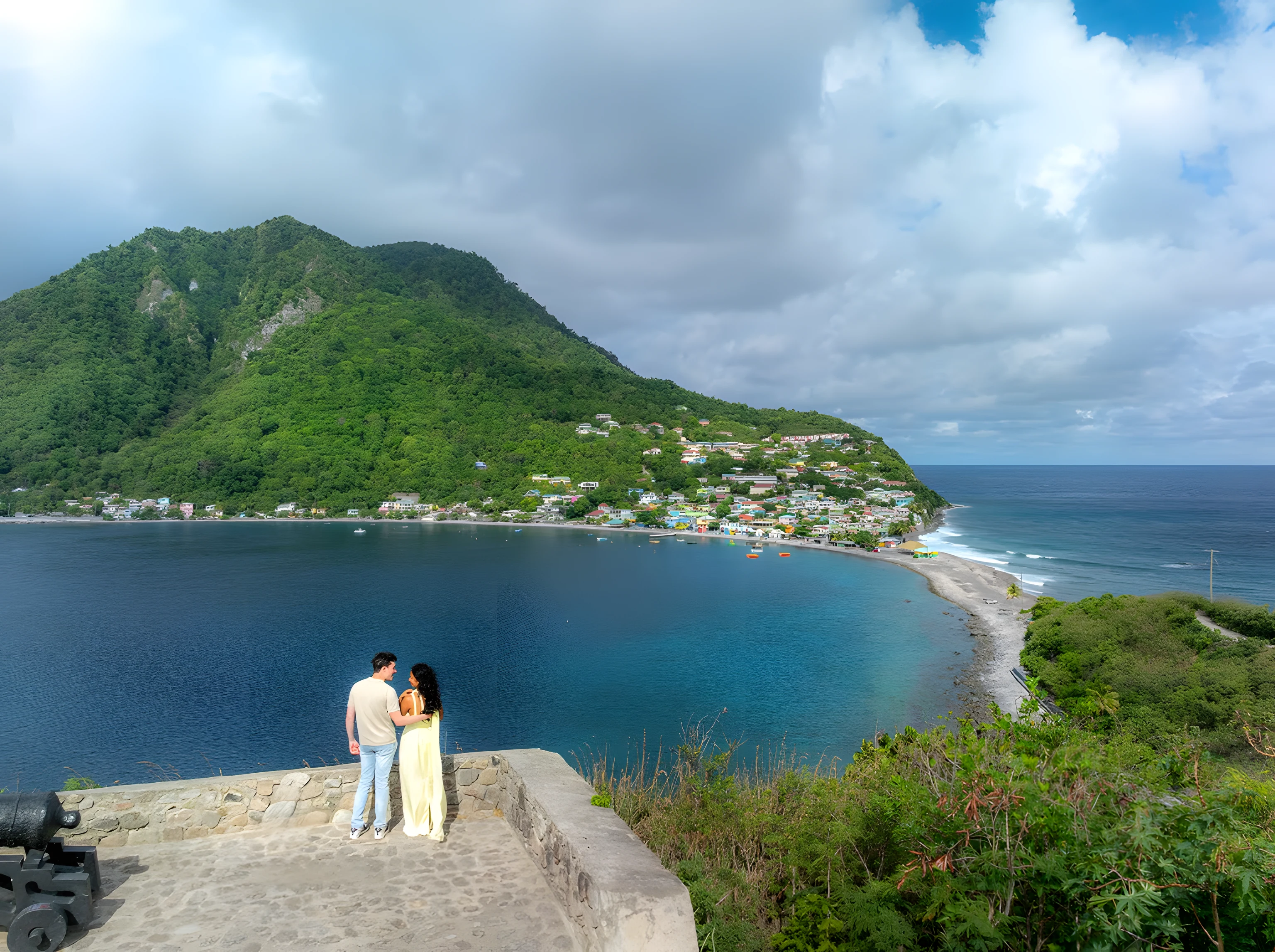 Isha and Jonathan on a stone lookout above a bay, with the ocean and a green headland behind them